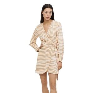 H&M Wrap Dress Beige Stripe Mini Dress Long Sleeve Tie Waist Neutral Size M